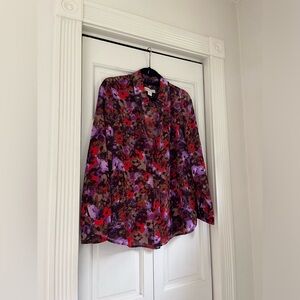 Coldwater Creek Floral Blouse button up pink brown purple flowers size 14 Large